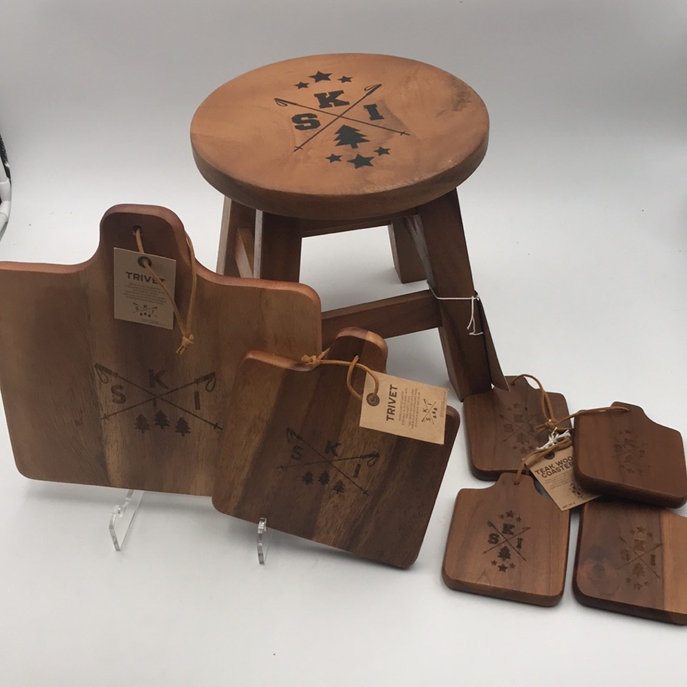 Siam Mandalay Teak Wood Ski Stool 2 Trivets 4 Coasters 7 Piece Set